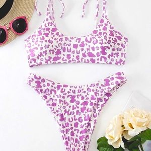 Shein Leopard Ribbed Tie-shoulder Bikini